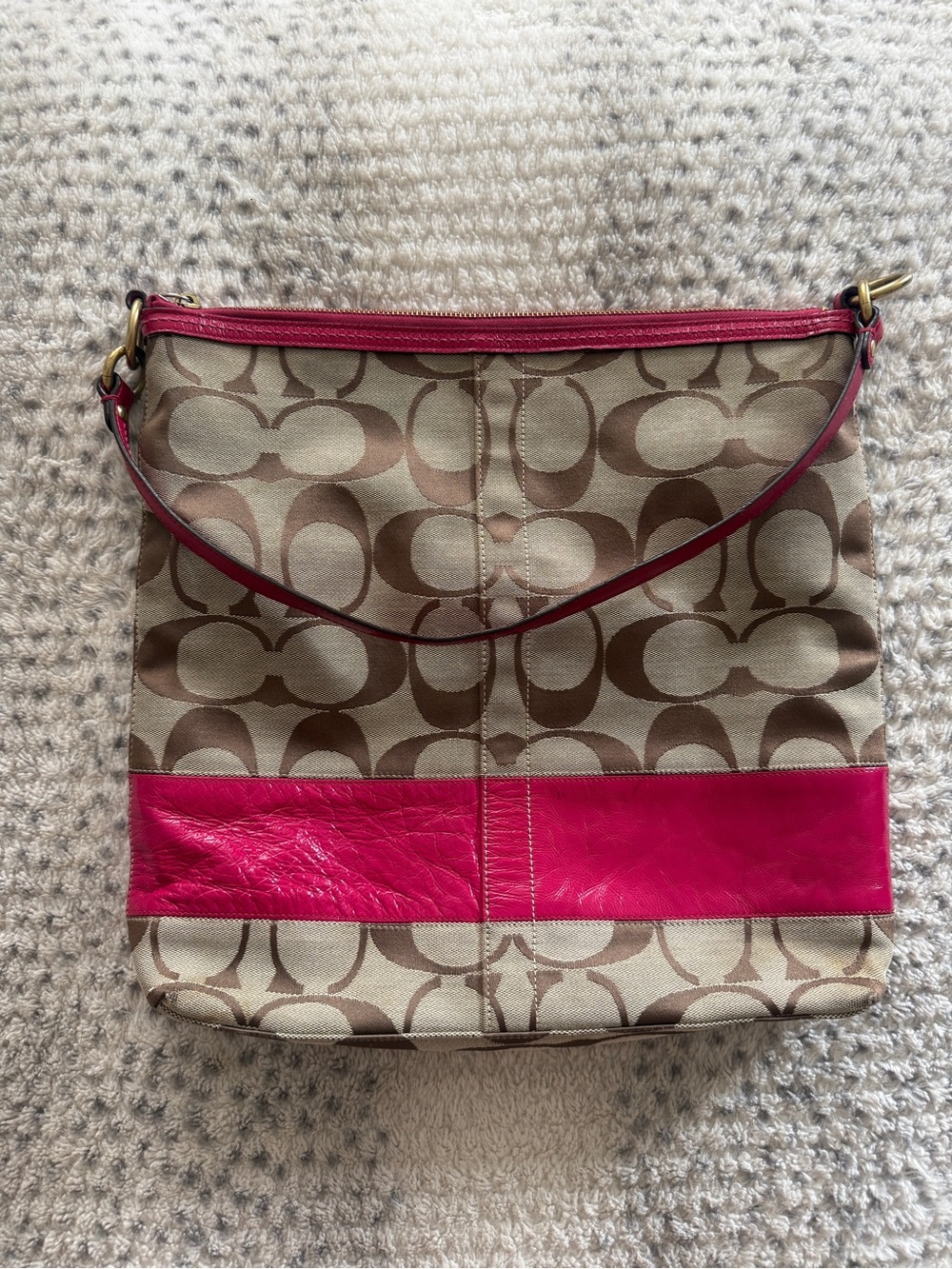 Coach Signature Canvas Shoulder Bag with Pink Trim
